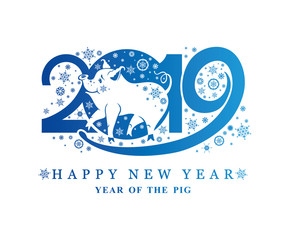 Blue flat pattern 2019 and cute piggy goes and snowflakes. Vector template New Year's design on the Chinese calendar. 