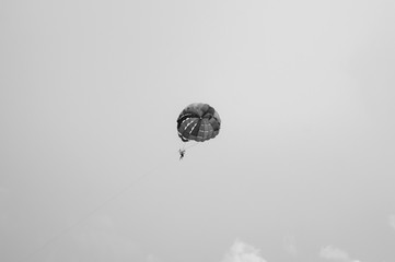 Skydiver flying with a parachute black and white background