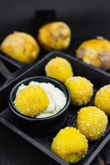 Fried potato balls or croquettes,  potato croquettes - mashed potatoes balls breaded and deep fried