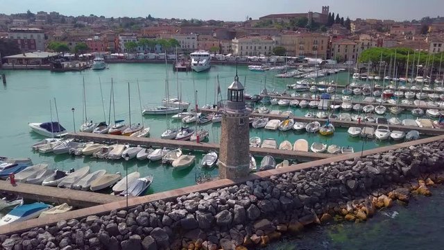 Aerial view overlooking beach and lake in Limone sul Garda, Lake Garda, Lombardia, Italy, Europe