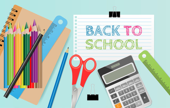 Back to school text on paper record with school supplies on green background. Vector illustration