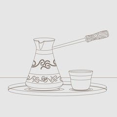 Editable Turkish Cezve Coffee Pot and Fincan Cup on The Circle Serving Tray in Outline Style Vector Illustration for Cafe and Ottoman Turkish Culture and Tradition Related Design