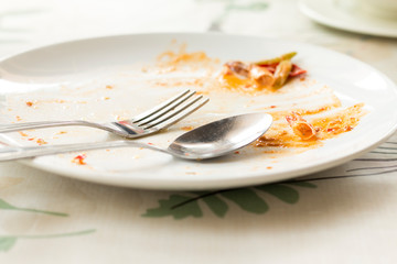 Closeup of Empty white dish with fork and spoon after eating on the table