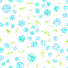 Light Blue, Green vector seamless natural pattern with leaves and flowers.