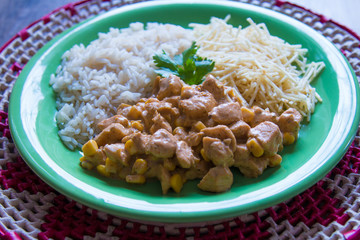 Chicken stroganoff with rice and french fries