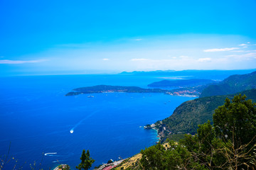 Fototapeta na wymiar A panorama of the Cap Ferrat as taken from the Tete de Chien (Dog's head) promontory on the French Riviera