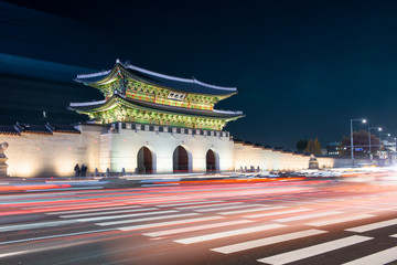 Fototapeta na wymiar Geyongbokgung Palace and car light at night in Seoul, South Korea.