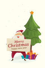 Merry Christmas and Happy New Year Holiday. Santa claus character cartoon with gift box on tree background. illustration vector