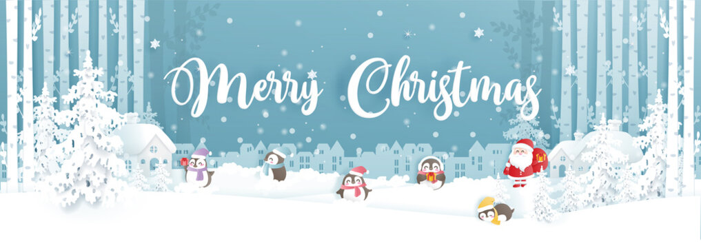 Panorama of Christmas card with Santa claus and cute penguins family in a snow forest. New year celebration. Vector illustration