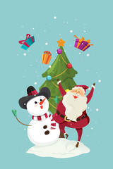 Merry Christmas santa claus with snowman joyful laughing jumping on tree background. illustration vector