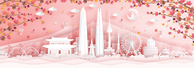 Autumn in Seoul, South Korea with falling maple leaves in paper cut style vector illustration
