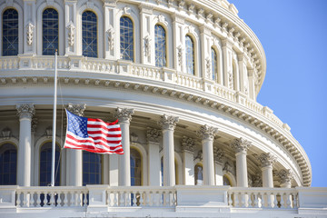 US Capitol Building with a flag on a half staff
