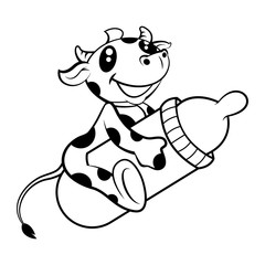 Adorable Baby Cow riding pacifier bottle Coloring Book Cartoon Vector