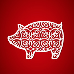 The symbol of the new year pig.  Openwork decorative template for laser cutting, plotting cutting, printing. Vector image on a red background.