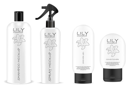 Big white cosmetics sprayer and shampoo bottles mockup set black pump dispenser and lid. Realistic vector illustration package.