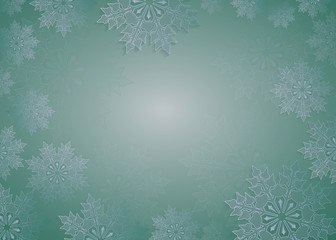 Fototapeta na wymiar Christmas design in green with beautiful white snowflakes, frame.