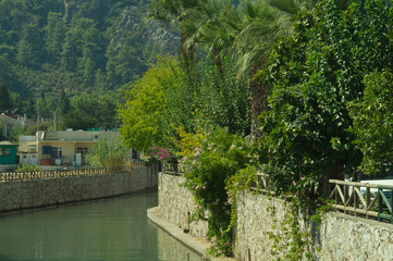 Fototapeta na wymiar Garden in the mountain village with the river