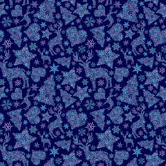 Winter Symbols and Snowflakes Seamless Pattern on Dark Blue Background. For Print, Design, Gift Wrap, Wallpaper, Textile, and Background.