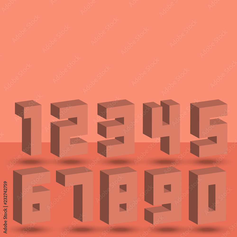 Wall mural numbers set of coral halftone 3d isometric style font numerals signs with shadows. maths symbols lig