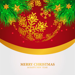 Obraz premium Merry Christmas banner template with illustration of golden snowflake and garland on white and red background. Vector illustration.