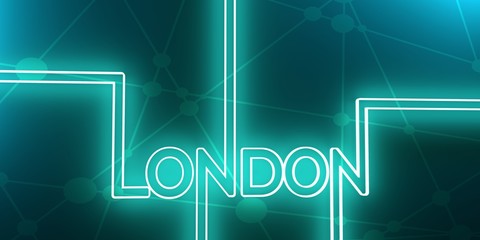 Image relative to Great Britain travel theme. London city name in geometry style design. Creative vintage typography poster concept. Neon bulbs letters. 3D rendering