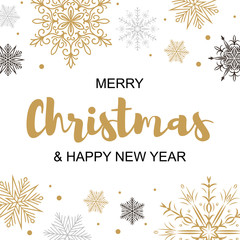 Fototapeta na wymiar Square Merry Christmas and Happy New Year greeting card with beautiful golden and black snowflakes. Christmas design for banners, posters, massages, announcements. Space for text