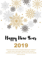 Vertical Merry Christmas and Happy New Year greeting card with beautiful golden and black snowflakes. Christmas design for banners, posters, massages, announcements. Space for text