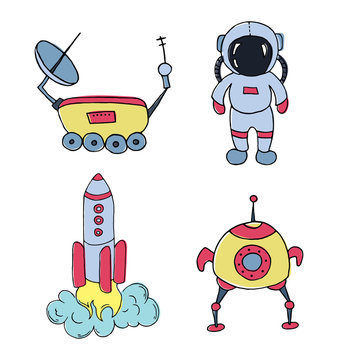 Set of different space objects. Hand drawn sketch.