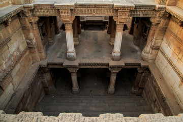 Inner view of Adalaj Ni Vav (Stepwell) or Rudabai Stepwell. Built in 1498 by Rana Veer Singh is five stories deep. Ahmedabad, Gujarat, India