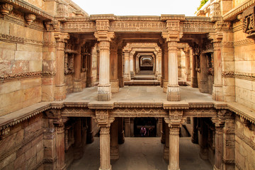 Inner view of Adalaj Ni Vav (Stepwell) or Rudabai Stepwell. Built in 1498 by Rana Veer Singh is five stories deep. Ahmedabad, Gujarat, India