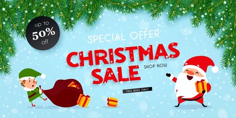 Christmas sale, Festive banner with Santa Claus, elf, snow, christmas tree, gifts, Vector llustration - 232748550