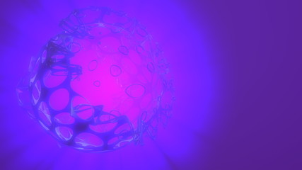 Abstract 3d rendering concept of high poly sphere with chaotic mesh grid cellular mulecular structure. Sci-fi background with polygonal shape in empty space with light god rays. Futuristic design bio