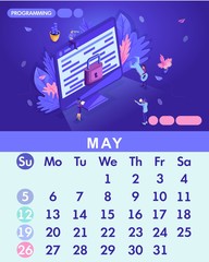 Isometric month May from set calendar of 2019. People work with a monitor, concept of protecting computer data for a web page, programming, application development