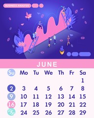 Isometric month June from set calendar of 2019. People work, Business analysis. Concept creating a business strategy