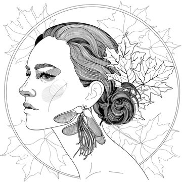 vector of a beautiful girl in profile, with maple leaves in her hair, and beautiful maple earrings