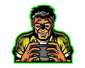 Man Addicted to Mobile Game Cartoon Mascot Logo Badge Character