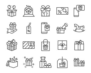 set of gift box line icons, christmas and happy new year gift