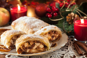 Traditional puff pastry strudel with apple