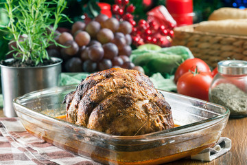 Baked pork ham in a casserole dish