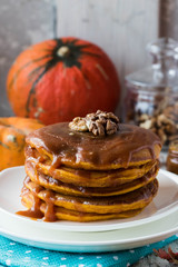 Spicy pumpkin pancakes with salted caramel topping