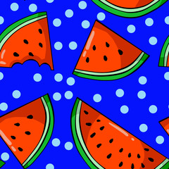 Seamless pattern with slices of watermelon  on blue background. Wallpaper and fabric design.