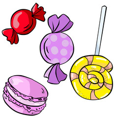 Color illustration with candies, macarons and lollipop on white backgrounds.