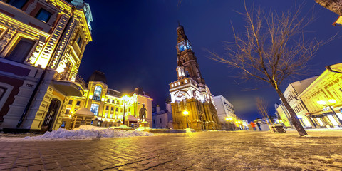 Epiphany Bell Tower in Kazan the night view from below 2