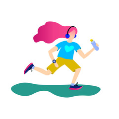 Girl running with bottle in flat style design. Vector illustration. Long hair. Good for cards. poster, banner, print, motivation  sport design.