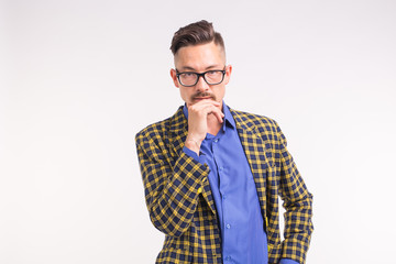 Expression and people concept - Portrait of thoughtful man over white background