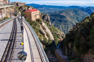 Obraz premium Cremallera train, Montserrat monastery on mountain in Barcelona, Catalonia.