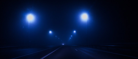 Fototapeta na wymiar Night road, lights, traffic lights, fog. Dark