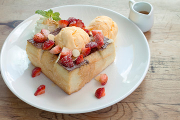 Toast Bread Pudding with ice cream and strawberry