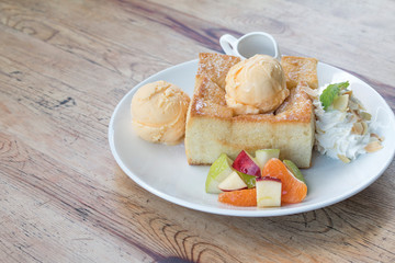 Toast Bread Pudding with ice cream and fruit