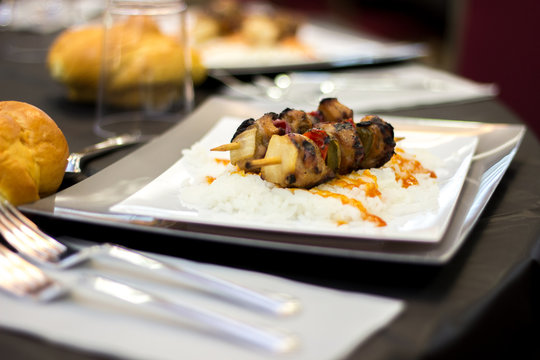 Vegetable Shish kebob set on rice as an entree to a meal